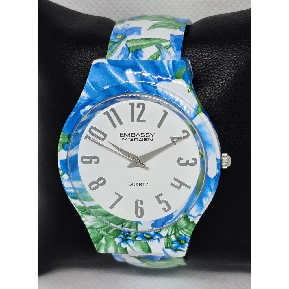 Women's Embassy by Gruen Trendy Floral Blue Green Cuff Bracelet Watch 11 - Picture 2 of 9